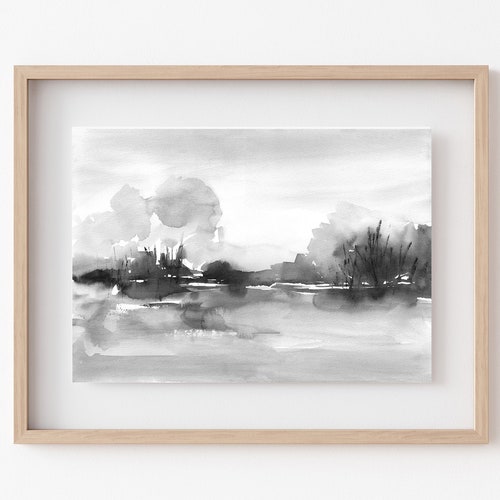 Black and White Landscape Printable Wall Art Watercolor Print - Etsy