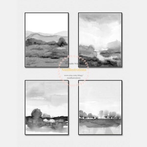 Watercolor Landscape Print Set of 4 Printable Black and White Wall Art Downloadable Abstract Neutral Gray Landscape Poster Scenery Vertical