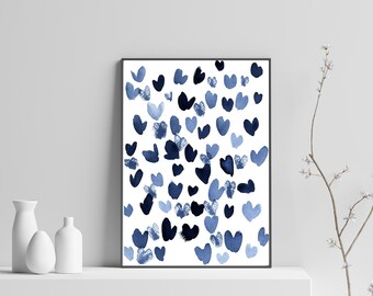 Abstrakter AquarellDruck Weiß und Blau Druckbare Wandkunst Herz Punkt Navy Indigo Poster digitaler Download moderne Kunst - Vertikal