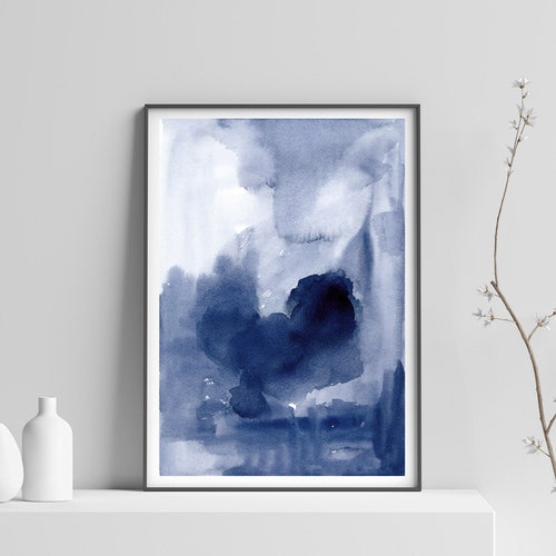 Abstract Blue Watercolor Wall Art Print Modern Minimalist Navy Etsy