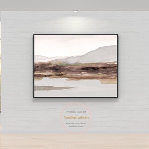 Mountain Reflection Landscape Printable Wall Art Watercolor Print Brown Tone Digital Download Neutral Peaceful Scenery Extra Large Size