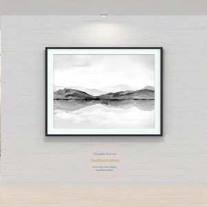 Black and White Landscape Printable Wall Art - Mountain Lake Abstract Watercolor Digital Print Large Poster - Gray Tone