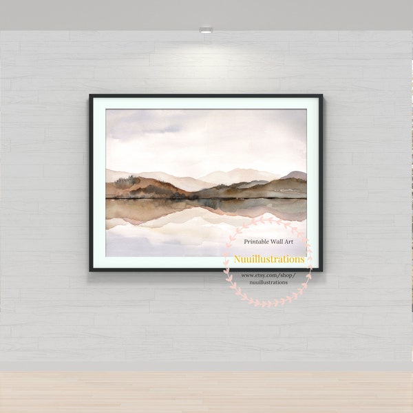 Neutral Landscape - Mountain Lake Print Abstract Watercolor Printable Wall Art Downloadable Abstract Landscape Large Poster - Gray Brown