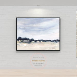 Blue Sky and Field Countryside Landscape Printable Wall Art Watercolor Print Digital Download Neutral Peaceful Scenery Extra Large Size