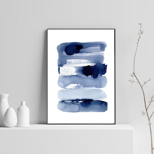 Blue Abstract Watercolor Print Indigo Navy Printable Wall Art Digital Download Stripes Brush Stroke Minimalist Blue and White Poster