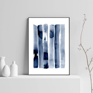 Abstract Art Print Blue Watercolor Printable Wall Art Digital Download Brush Stroke Poster indigo Navy White and Blue Stripes DIY Print