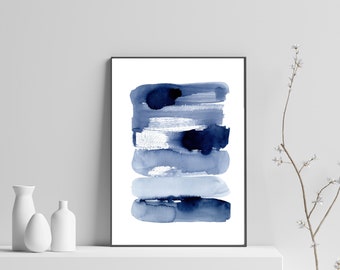 Blauer abstrakter Aquarell Druck Indigo Marine druckbare Wandkunst digitaler Download Streifen Pinselstrich minimalistisches blau und weiß Poster