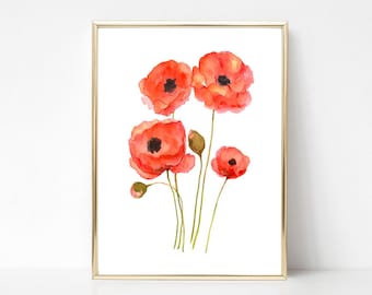 Poppy Flower Print Printable Wall Art instant Download DIY Print Floral Minimal Wall Decor Watercolor Painting JPG Files