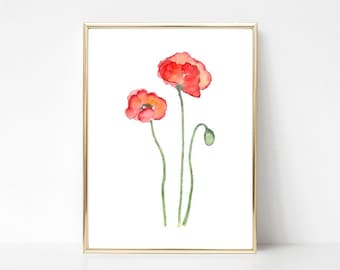 Poppy Flower Art Print instant Download DIY Printable Floral Minimal Wall Decor Watercolor Painting JPG Files