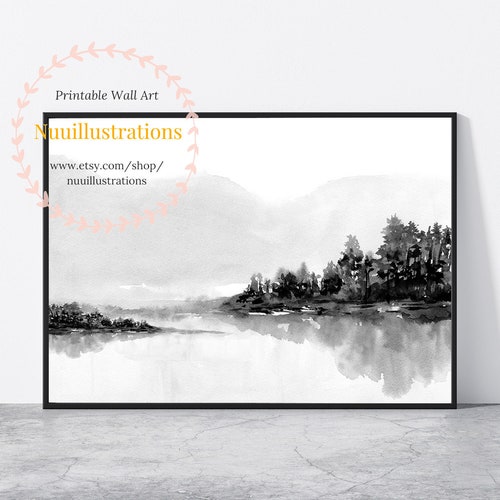 Black and White Landscape Printable Wall Art Watercolor Print - Etsy