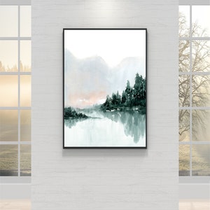 Hill Tree Lake Landscape Printable Wall Art Peaceful Scene instant Download DIY Print Watercolor Painting Digital Downloadable - Large