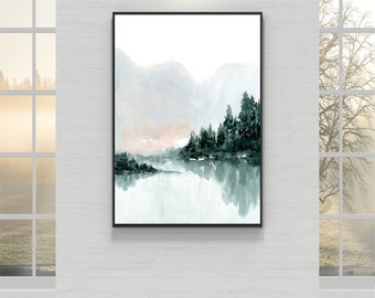 Hill Tree Lake Landscape Printable Wall Art Peaceful Scene instant Download DIY Print Watercolor Painting Digital Downloadable - Large