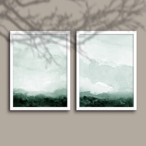 Green Landscape Wall Art Print Set Minimal Abstract Monotone instant Download DIY Printable Digital Watercolor Painting Set of 2 image 2