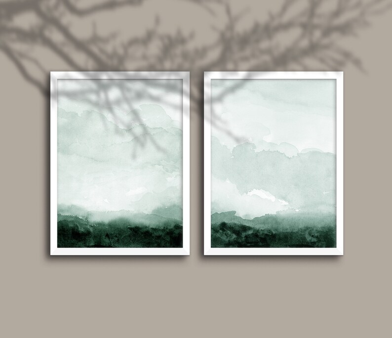 Green Landscape Wall Art Print Set Minimal Abstract Monotone instant Download DIY Printable Digital Watercolor Painting Set of 2 image 2