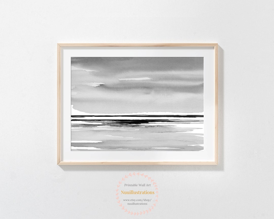Black and White Beach Seascape Printable Wall Art - Watercolor Instant ...