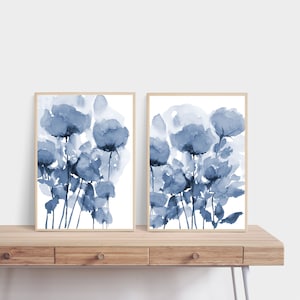 Blue Flower Print Set of 2 Abstract Watercolor Flower Printable Wall Art instant Download DIY Print Floral Bedroom Navy Blue Home Decor