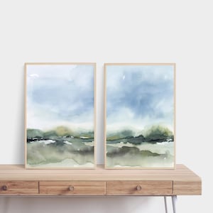 Green and Blue Landscape Printable Wall Art Abstract Watercolor Painting Digital instant Download DIY Print Poster Set of 2