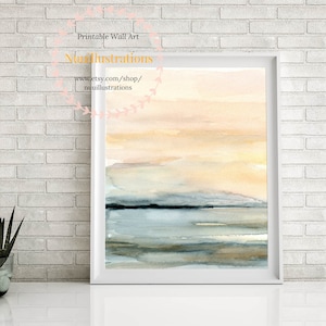 Sunrise Beach Landscape Print Sea Printable Wall Art Abstract instant Download Seascape Watercolor Peach Blue Ocean Sunset Sea Image #1