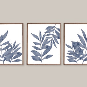 Blue Plant Printable Wall Art Set of 3 indigo Leaf Print Botanical Instant Download Digital Watercolor Painting Greenery Art vertical