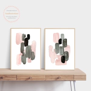 Abstract Pink Gray Cactus Printable Wall Art Set of 2 Digital Download Watercolor Painting - Geometric Neutral Room Home Decor