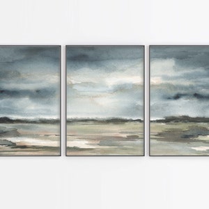 Neutral Landscape Print Printable Wall Art Set of 3 Abstract Landscape DIY Print instant Download Watercolor Painting Gray indigo Blue