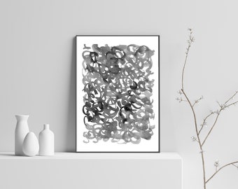 Abstracto Impresión en blanco y negro Acuarela Pinceladas Arte de pared imprimible Impresión moderna Impresión en blanco y negro Póster Descarga digital