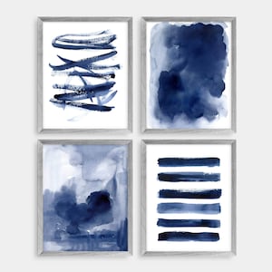 Abstract Watercolor Print Blue Watercolor Wall Art Printable Brush Stroke Navy Indigo Blue Minimal Digital Download Art Poster Set of 4