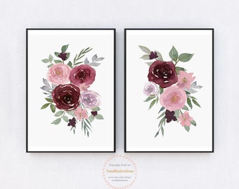 Burgundy Red Rose Flower Printable Art Instant Download Floral Bouquet Print Botanical Wall Decor Watercolor Set of 2