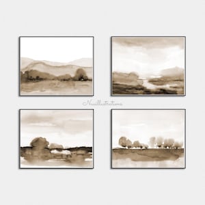 Sepia Watercolor Landscape Print Files - Printable Wall Art Abstract Brown Instant Download Neutral Nature Scene Hand Painted - Set of 4