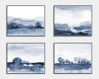 Abstract Blue Landscape Print Set of 4 Printable Indigo Navy Watercolor Wall Art Downloadable Monotone Poster Scenery White and Blue Art