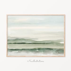 Art mural imprimable vert paysage abstrait, Art minimal, aquarelle, décoration murale neutre minimaliste moderne horizontale A