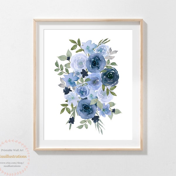 Blue Rose Bouquet Flower Printable Art Instant Download Floral Print Botanical Wall Decor Watercolor Painting