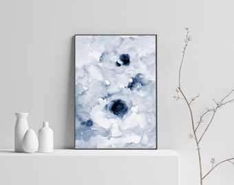 Blue Abstract Flower Printable Wall Art instant Download DIY Print Floral Bedroom Decor Watercolor Painting Monotone Navy Indigo Blue #B