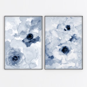Blue White Abstract Flower Printable Wall Art Set instant Download DIY Print Floral Bedroom Decor Watercolor Monotone Navy Indigo Set of 2