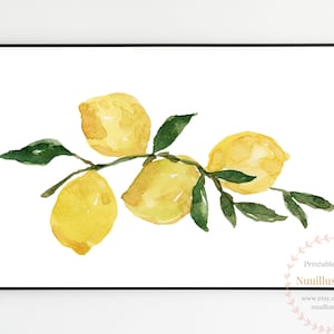 Lemon Branch Printable Wall Art instant Download Fruit Watercolor Botanical Print Kitchen Decor Citrus Botanical Poster Horizontal