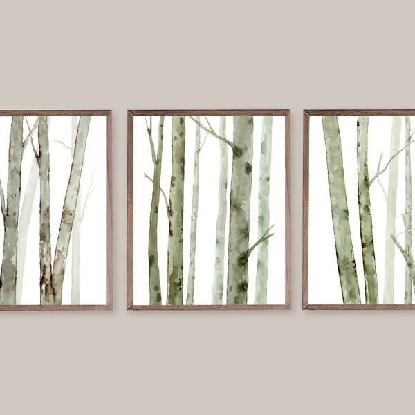Birch Tree Watercolor Printable Wall Art Set of 3 Download Print Landscape Tree Artwork Woodland Forest Illustration Neutral Brown Gray