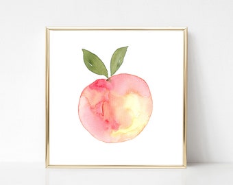 Watercolor Peach Printable Fruit Art Print Peach Wall Art instant Download Kitchen House Decor Downloadable Botanical Food Art Square Format