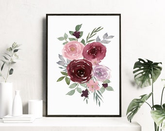 Burgundy Red Rose Flower Printable Art Instant Download Floral Bouquet Print Botanical Wall Decor Watercolor Painting