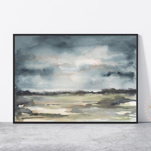 Paisaje gris oscuro neutro imprimible para pared. Paisaje minimalista abstracto y tormentoso. Descarga digital. Impresión a partir de una pintura en acuarela.