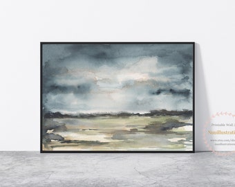 Neutral Dark Gray Landscape Printable Wall Art Minimal Abstract Stormy Landscape Digital Download Print from Watercolor Painting