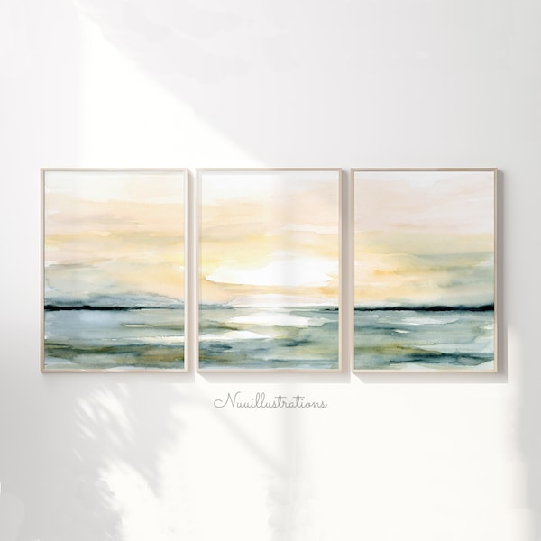 Sunrise Sunset Beach Ocean Print - Printable Wall Art of Seascape Watercolor Set of 3 - Digital Download
