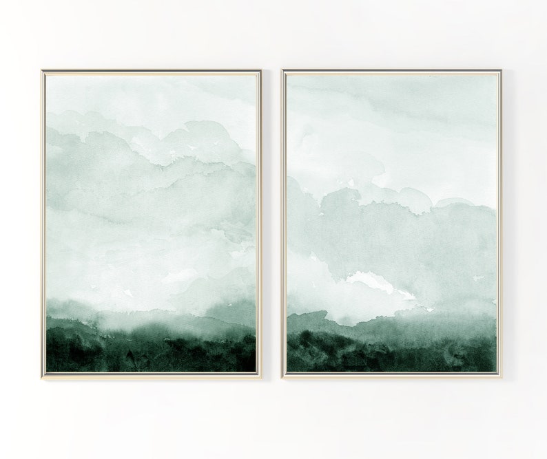 Green Landscape Wall Art Print Set Minimal Abstract Monotone instant Download DIY Printable Digital Watercolor Painting Set of 2 image 3