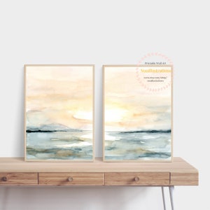Sunrise Beach Landscape Printable Wall Art Abstract instant Download DIY Print Watercolor Digital File Blush Blue Ocean Sunset Sea Set of 2 image 1