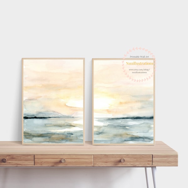 Watercolor Print File - Sunrise Beach Landscape Wall Art - Abstract instant Download Watercolor Blush Blue Ocean Sunset Sea - Set of 2