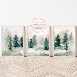 Pine Tree Printable Wall Art Set of 3 instant Download DIY Print Watercolor Painting Winter Landscape Artwork Forest Evergreen Tree Decor
