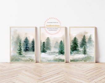 Pine Tree Printable Wall Art Set of 3 instant Download DIY Print Watercolor Painting Winter Landscape Artwork Forest Evergreen Tree Decor