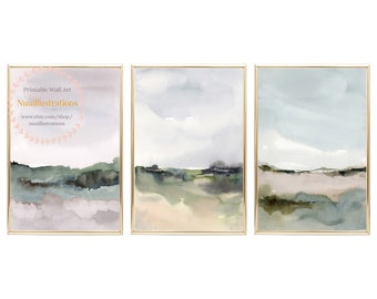 Neutral Landscape Print Abstract Watercolor Landscape Wall Art Minimalist Field and Sky Printable instant Download Poster - Set of 3