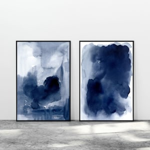 Abstract Blue Watercolor Wall Art Set of 2 Print Modern Printable Digital Download Large Brush Stroke Navy Indigo Blue Poster - Vertical
