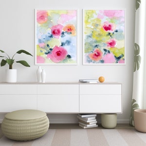 Flower Wall Art Printable instant Download DIY Print Abstract Floral Bedroom Decor Watercolor Painting Colorful Pink and Blue Set of 2