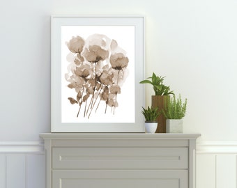 Watercolor Flower Print Sepia Brown Printable Wall Art Abstract Flower Print Floral instant Download Art Neutral Print Flower Wall Art